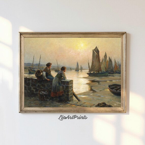 Harbor Sunset Vintage Seaside Scene Sailboats Golden Coastal Art Poster