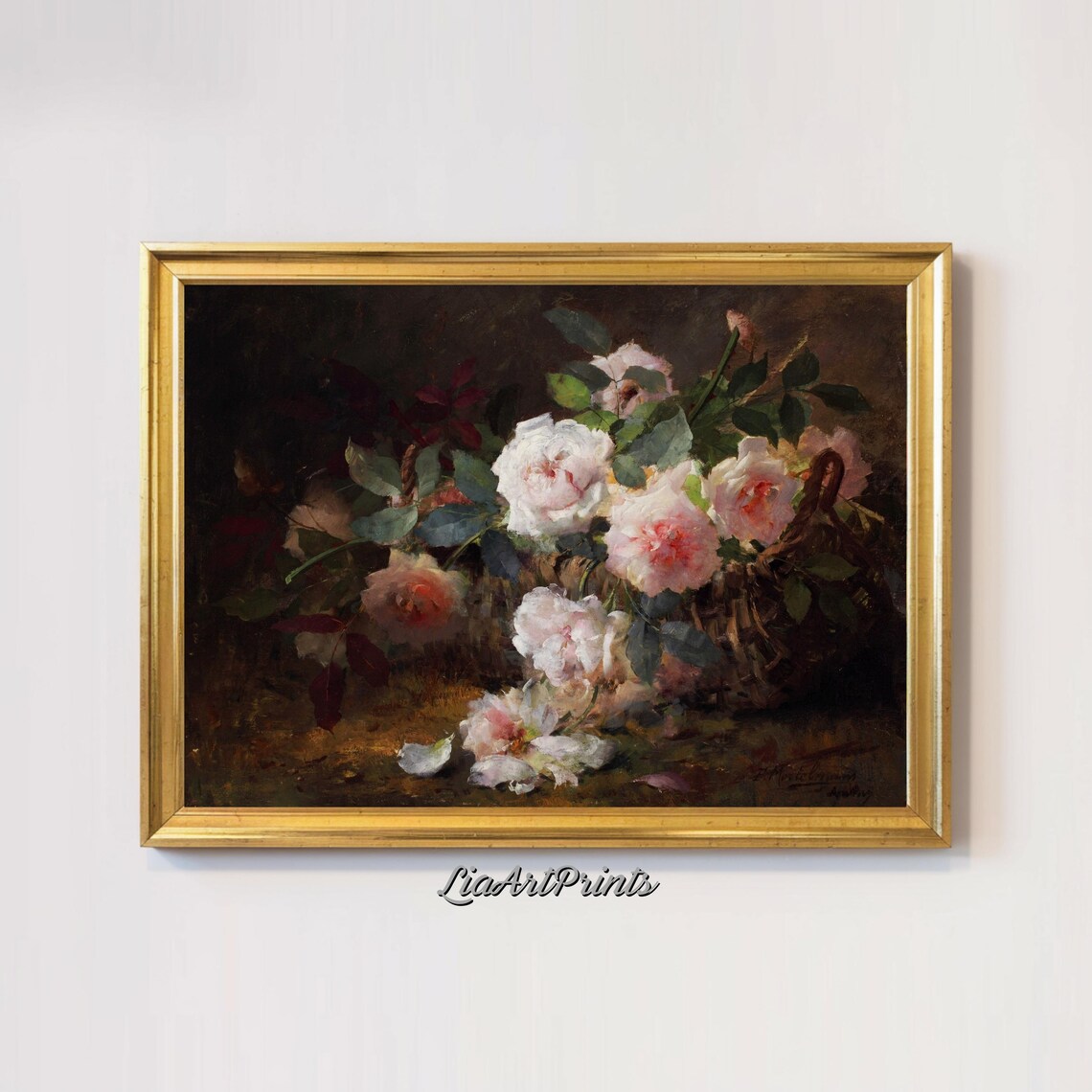 Vintage Pink Roses Wicker Basket Moody Floral Still Life Poster - Image 3