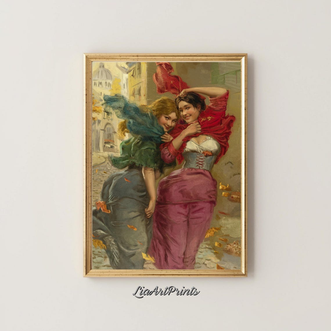 Two Women on a Windy Paris Street Autumn Day Vintage Painting Poster - Image 4