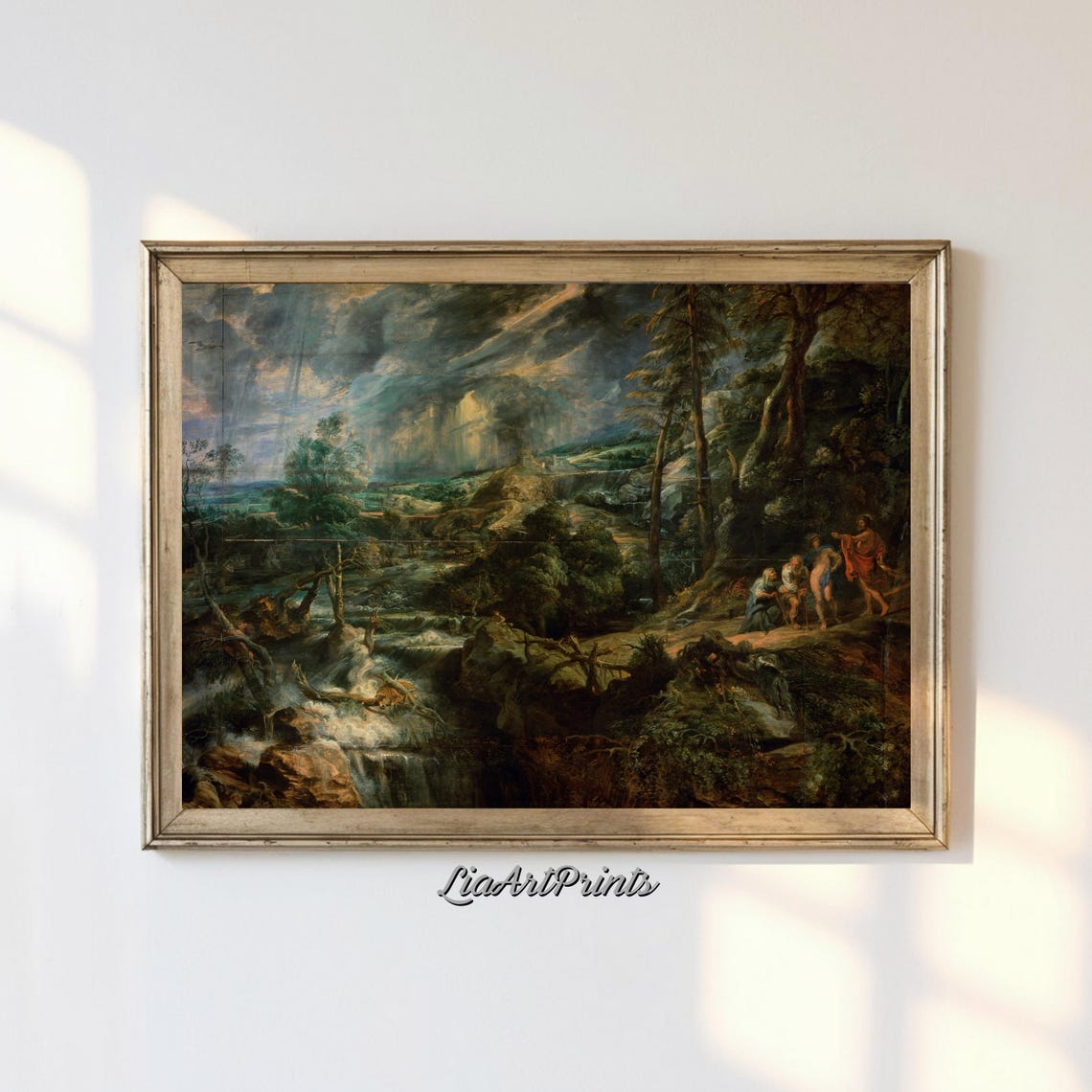 Dark Baroque Stormy Waterfall Valley Figures Dramatic Landscape Poster