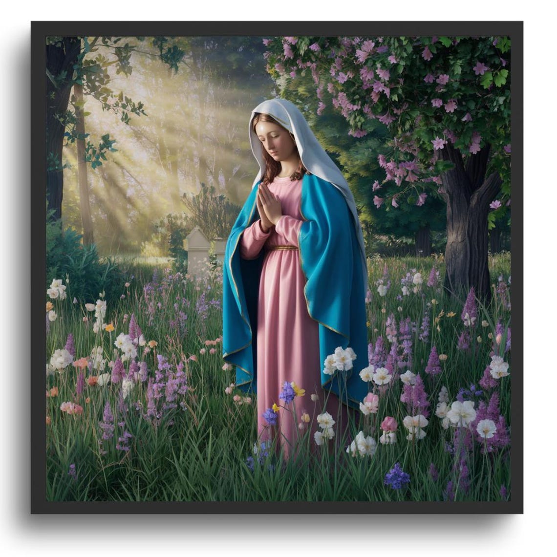 Virgin Mary Praying in a Blooming Flower Garden Devotional Wall Art