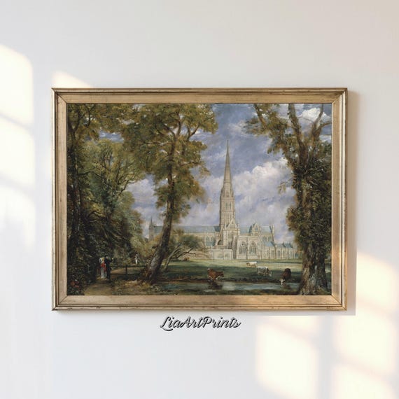 Vintage Cathedral Art Salisbury Cathedral Wall Decor Classic Landscape Painting Artwork