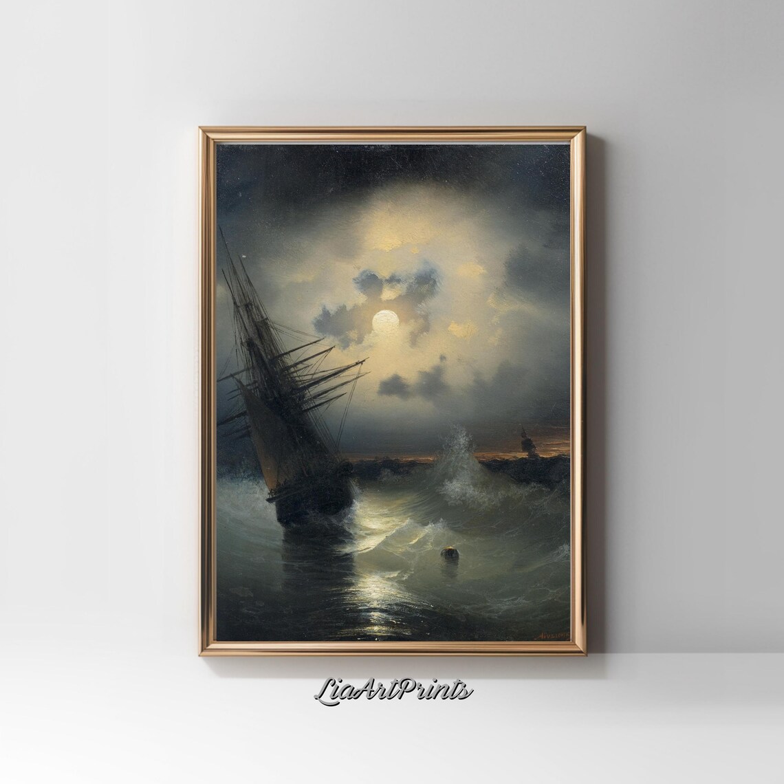 Moonlit Stormy Sea With Ship, Dramatic Maritime Scene - Image 2