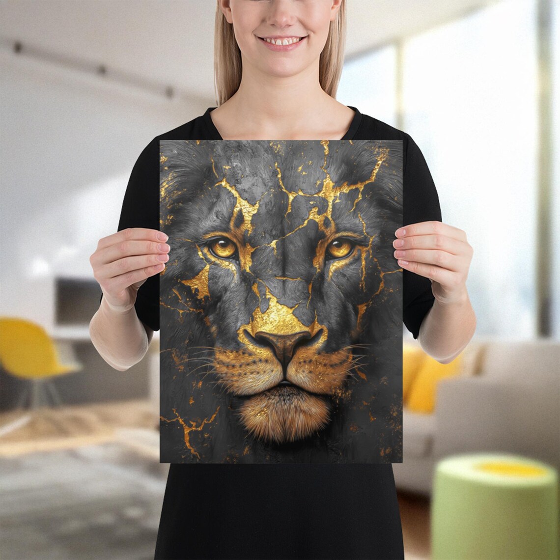 Majestic Black Lion With Golden Kintsugi Cracks Luxury Animal Wall Art Poster - Image 3