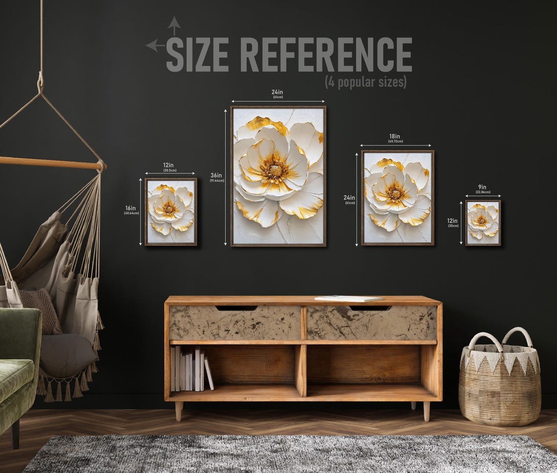 White Gold Impasto Flower 3D Textured Elegant Botanical Art Poster - Image 4
