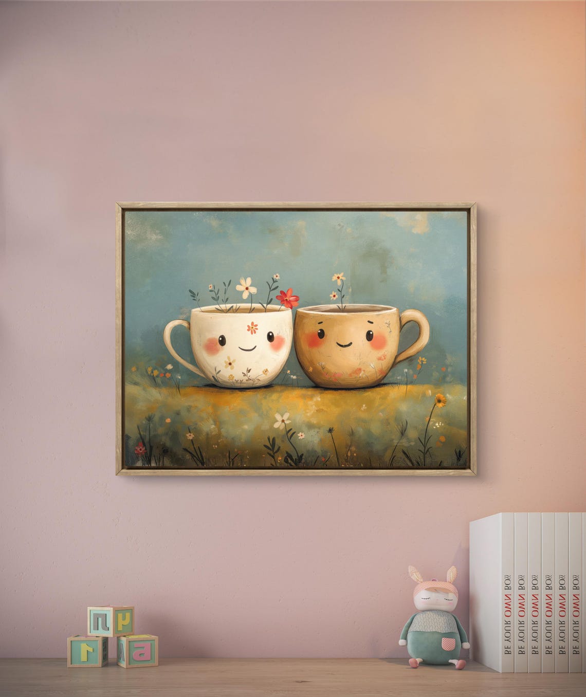 Cute Smiling Coffee Cups Flowers Folk Art Kitchen Cozy Wall Poster - Image 3