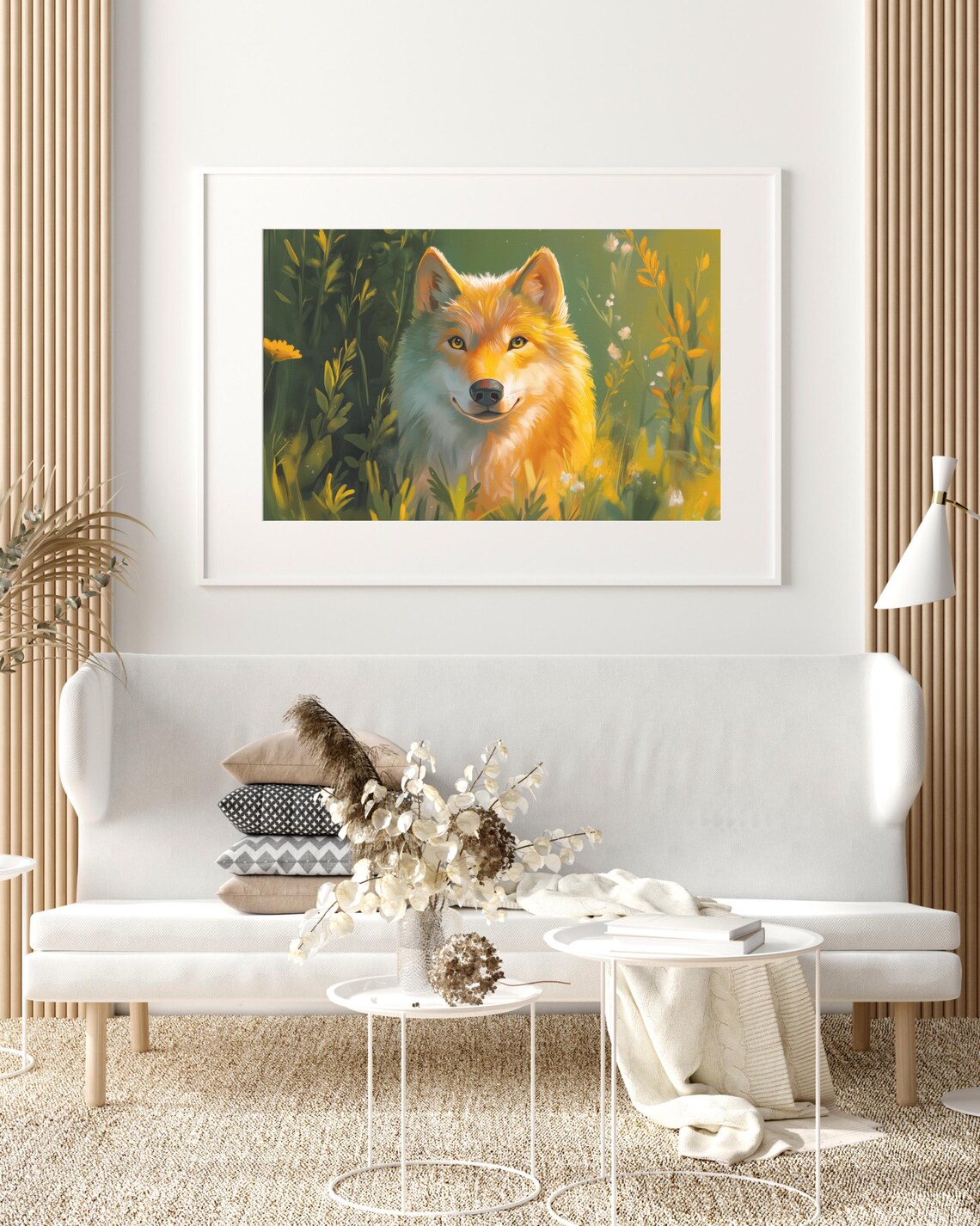 Golden Wolf Portrait Sunlit Wildflower Meadow Wildlife Nature Art Poster - Image 3