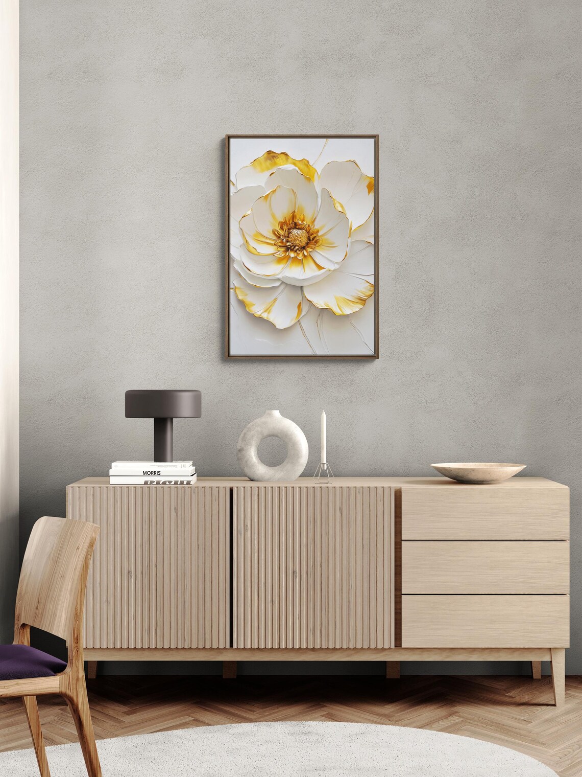White Gold Impasto Flower 3D Textured Elegant Botanical Art Poster - Image 2