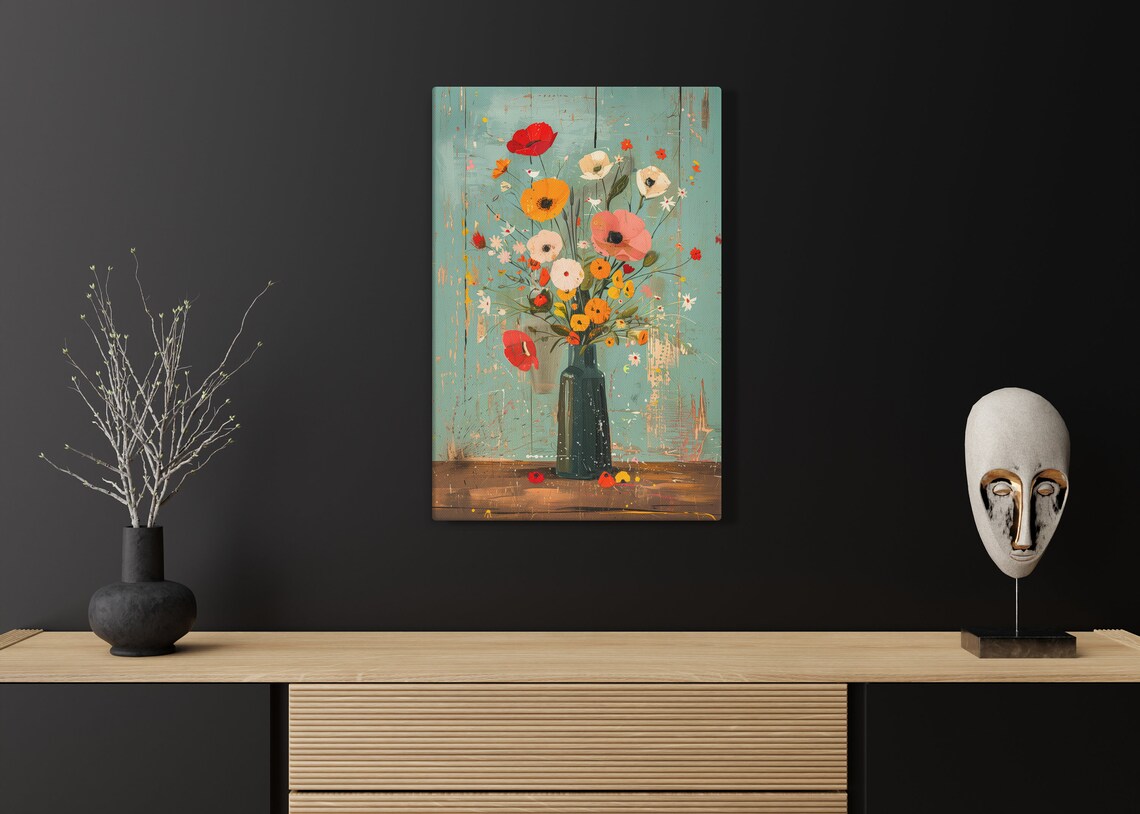 Rustic Flower Bouquet Vase Teal Still Life Country Farmhouse Poster - Image 3
