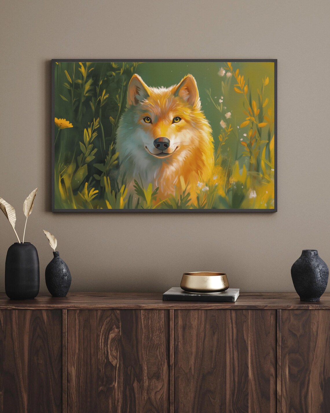 Golden Wolf Portrait Sunlit Wildflower Meadow Wildlife Nature Art Poster - Image 2