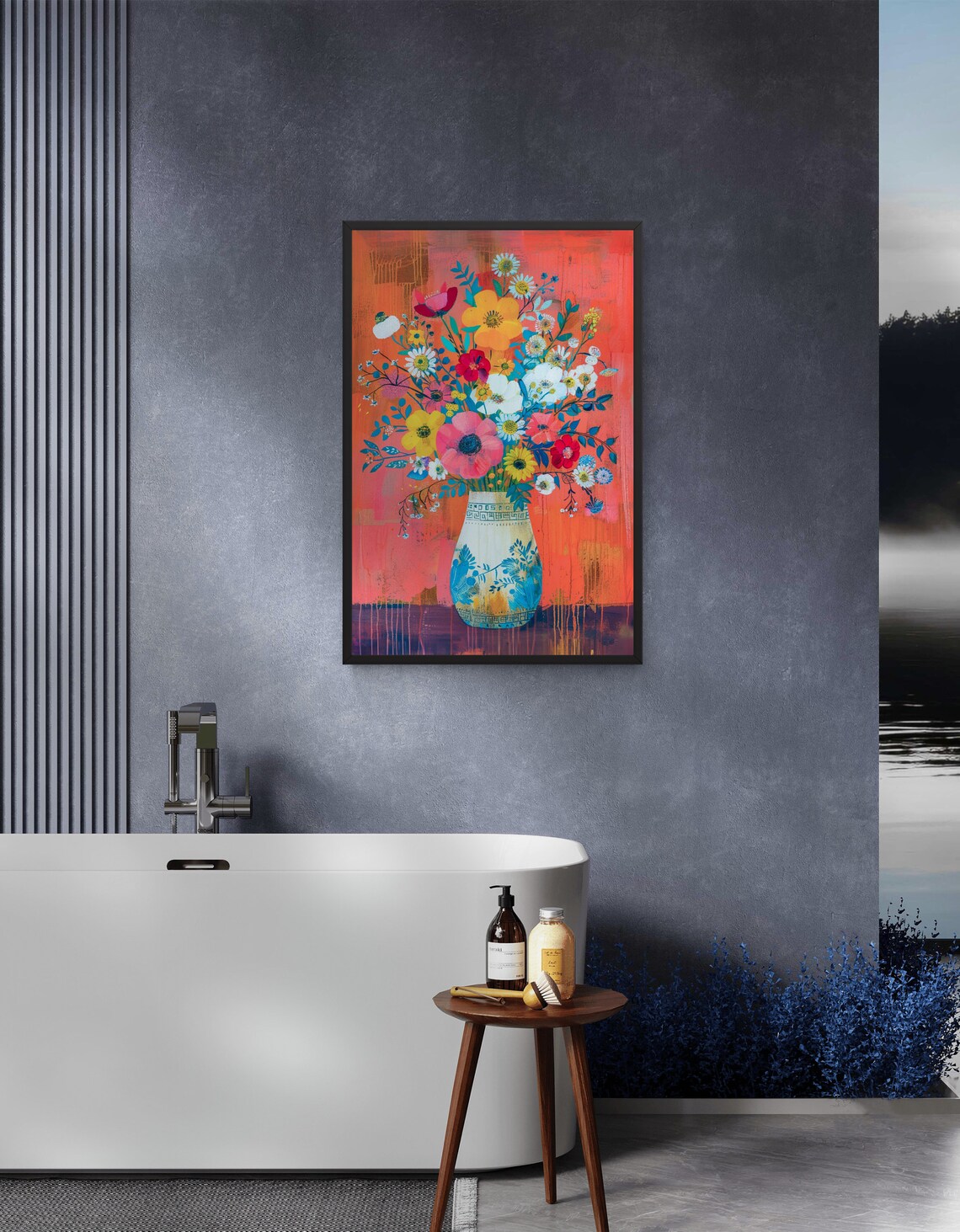 Vibrant Wildflower Bouquet in Blue Vase on Coral Background Art Poster - Image 4