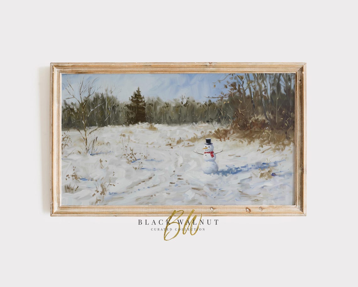 Snowman In Snowy Field Winter Landscape Vintage Farmhouse Art Poster
