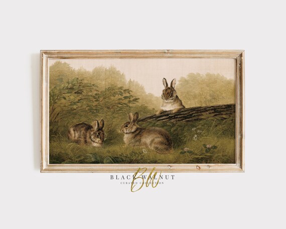 Three Rabbits Meadow Vintage Oil Painting Cute Bunny Wildlife Art Poster