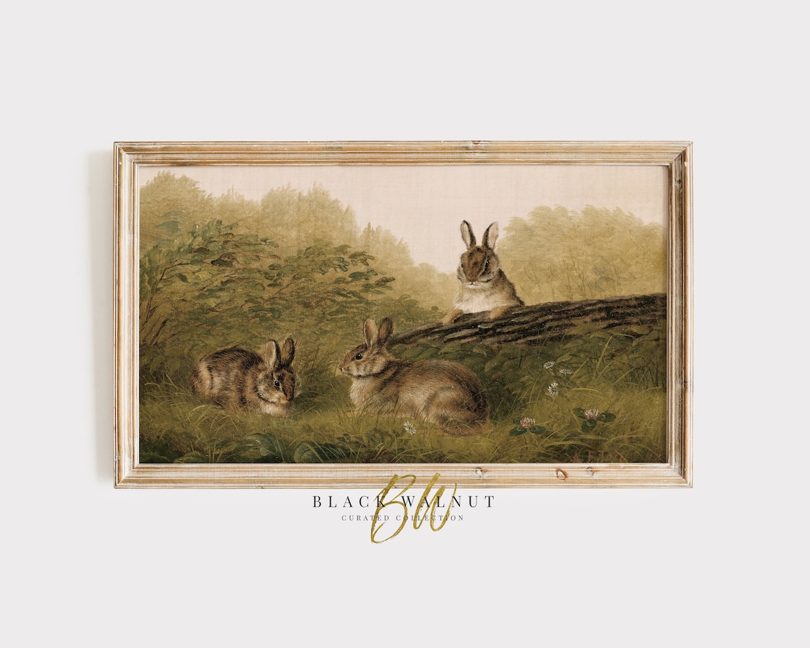 Three Rabbits Meadow Vintage Oil Painting Cute Bunny Wildlife Art Poster