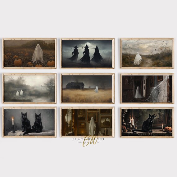 Moody Halloween Set 9 Vintage Ghost Witch Black Cat Spooky Art Poster