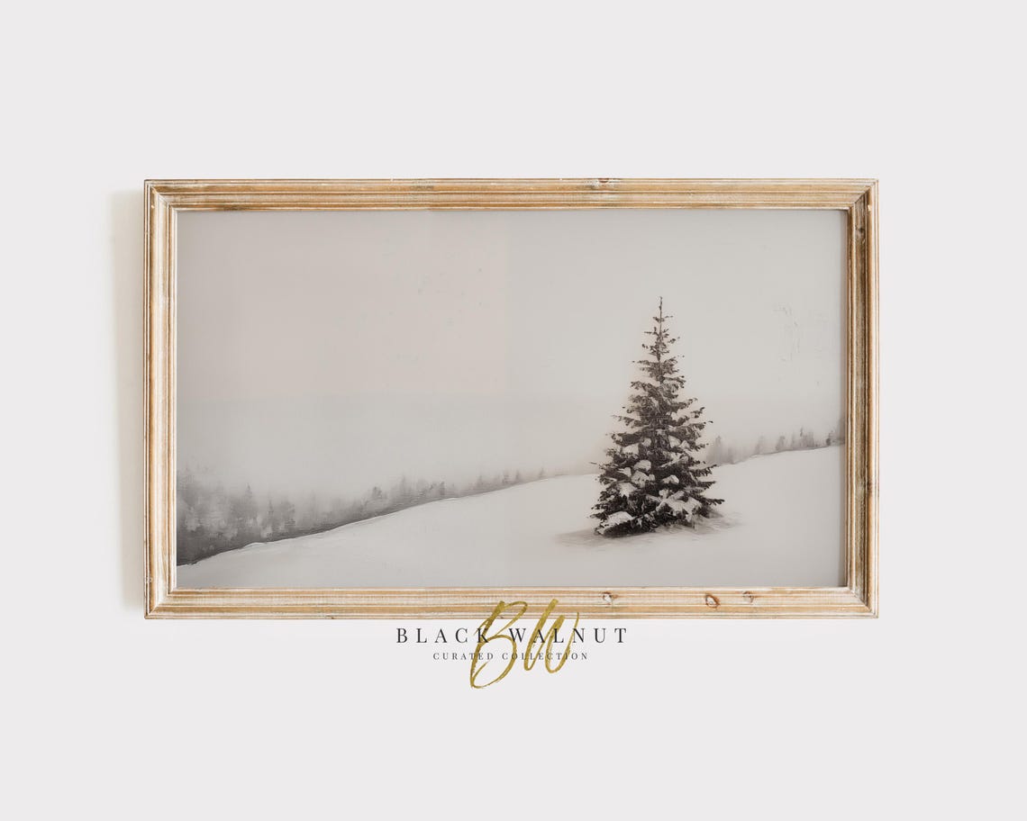 Lone Snowy Evergreen Tree Minimalist Winter Hillside Art Print
