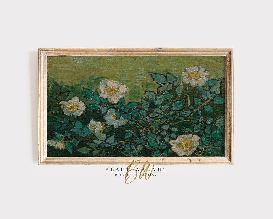 White Wild Roses Impressionist Painting Green Garden Floral Wall Art