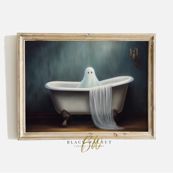 Bathroom Ghost Art Print Halloween Ghost In Vintage Bath Tub Cute Ghost Wall Art Rustic Country Moody Halloween Decor