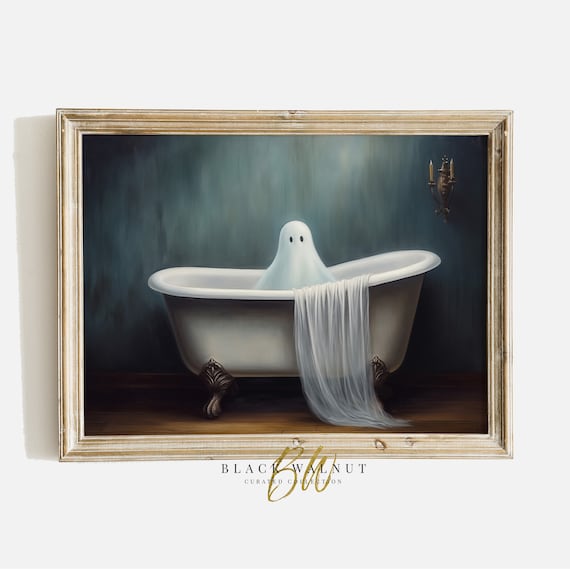 Cute Ghost in Vintage Clawfoot Bathtub Moody Halloween Bathroom Wall Art Print