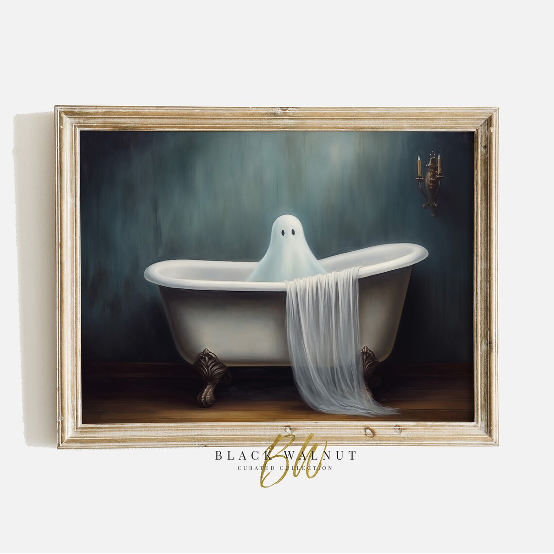 Cute Ghost in Vintage Clawfoot Bathtub Moody Halloween Bathroom Wall Art Print