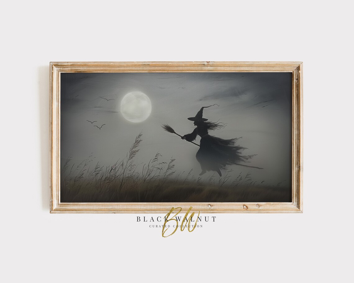 Witch Flying Under Full Moon Night Sky Spooky Halloween Painting Poster