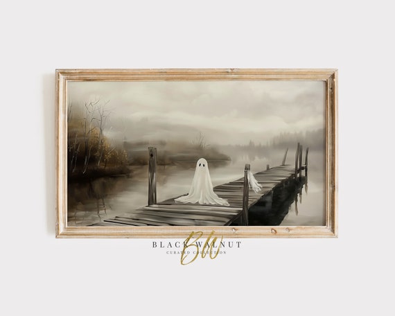 Halloween Frame Tv Art Ghost On Dock Lake Fall Painting Frame Tv Halloween Decor Cute Ghost Muted Neutral Tones Rustic Country Art