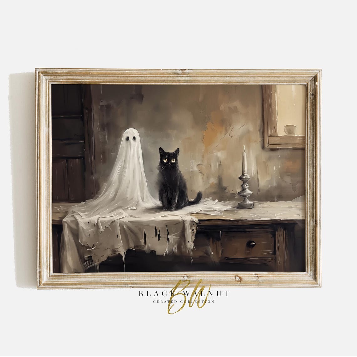 Ghost Black Cat Halloween Wall Art Print Vintage Style Rustic Painting Cute Ghost Art Cat Lover Art Print