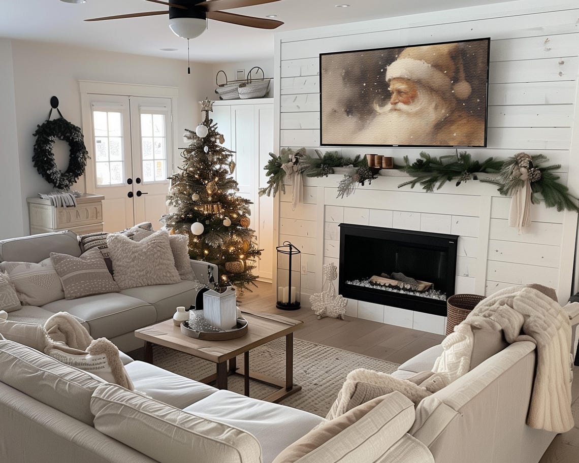 Vintage Santa Claus Portrait Snowy Night Neutral Christmas Wall Poster - Image 2
