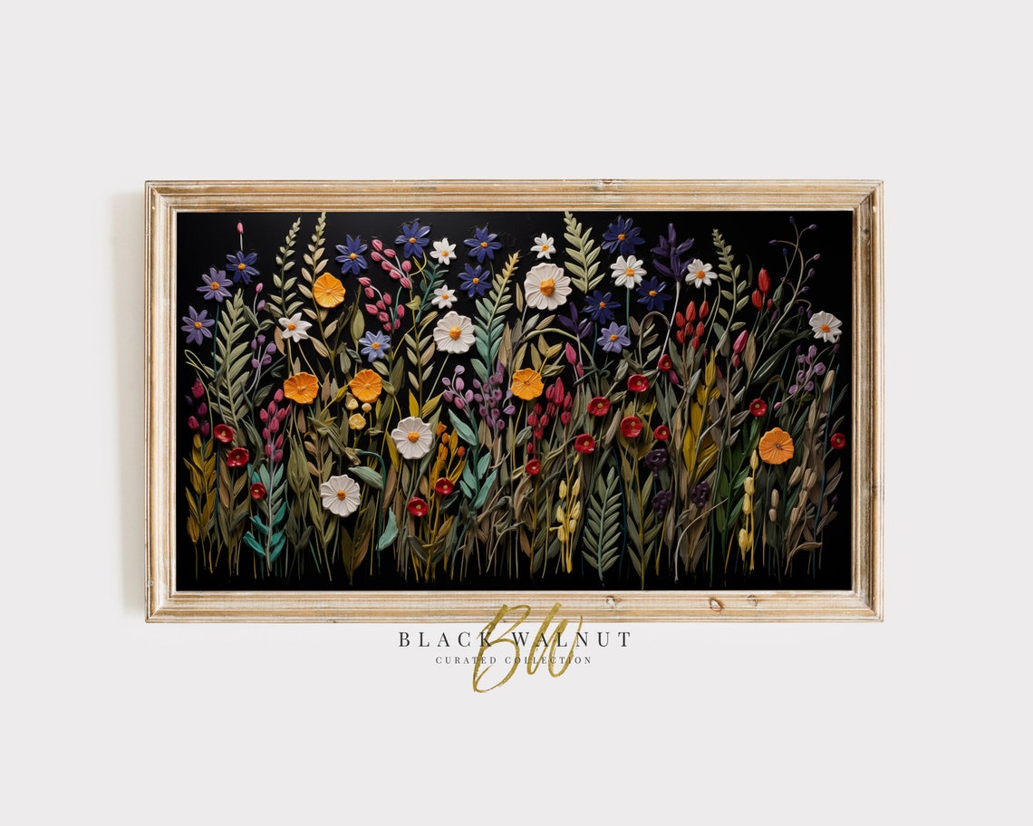 Dark Botanical Wildflowers Black Background 3D Textured Floral Poster