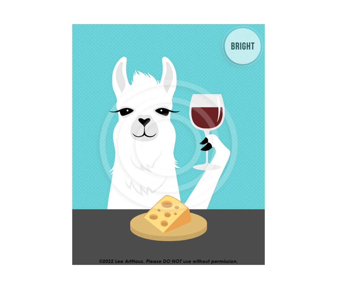 White Llama Drinking Wine With Cheese Cartoon Funny Animal Art Poster - Image 4