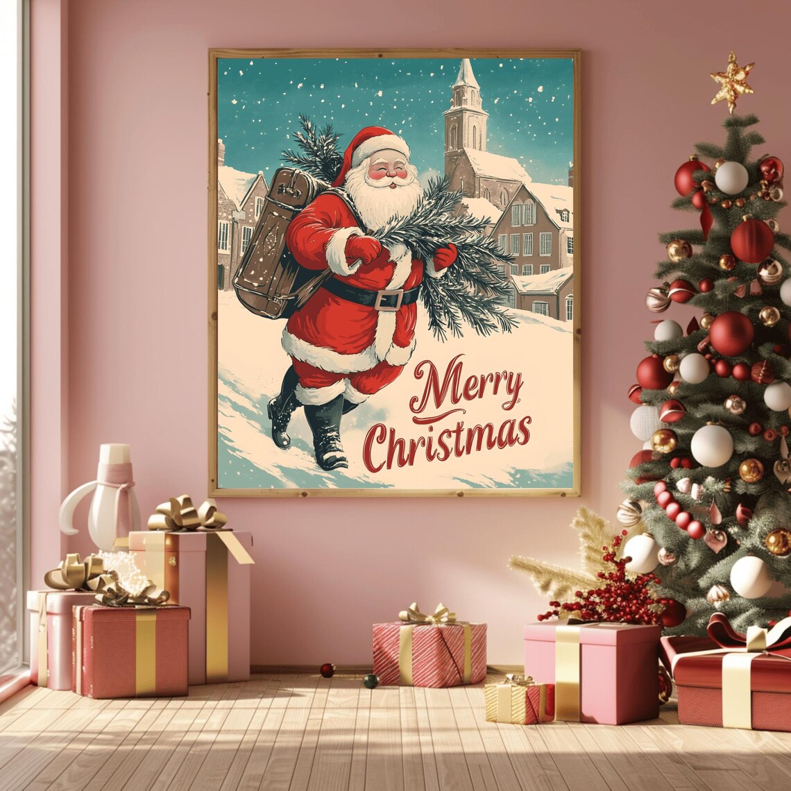Retro Santa with Suitcase Carrying Fir Branches Merry Christmas Art Print - Image 3
