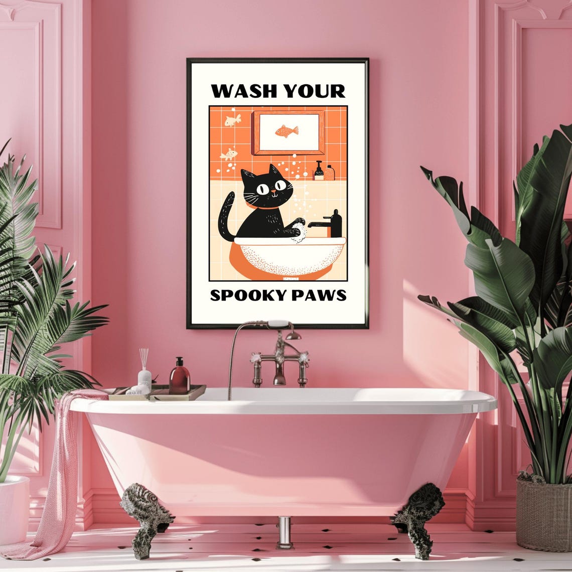 Wash Your Spooky Paws Black Cat Halloween Bathroom Humor Poster - Image 2