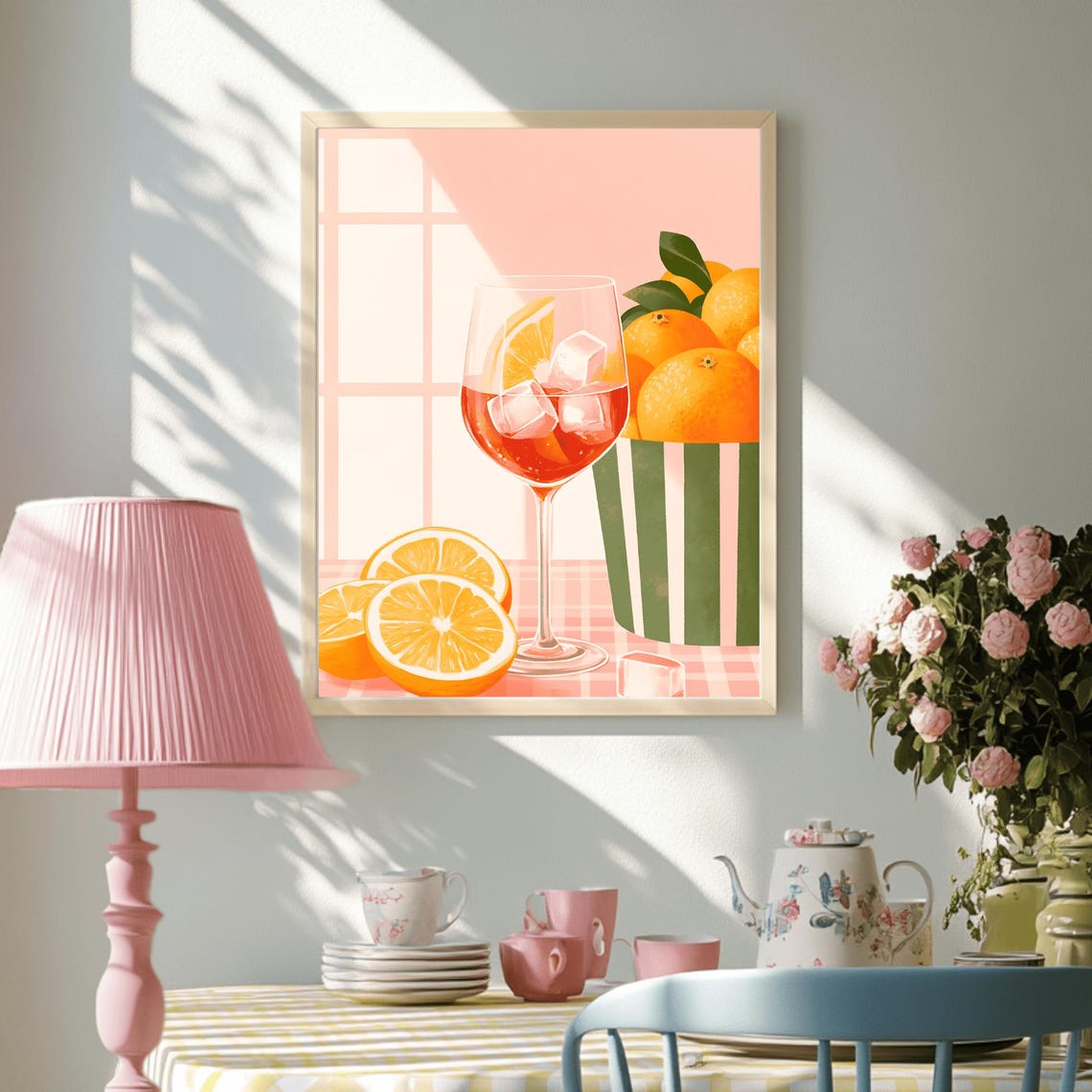 Aperol Spritz Cocktail Glass Oranges Pink Gingham Kitchen Art Poster - Image 3