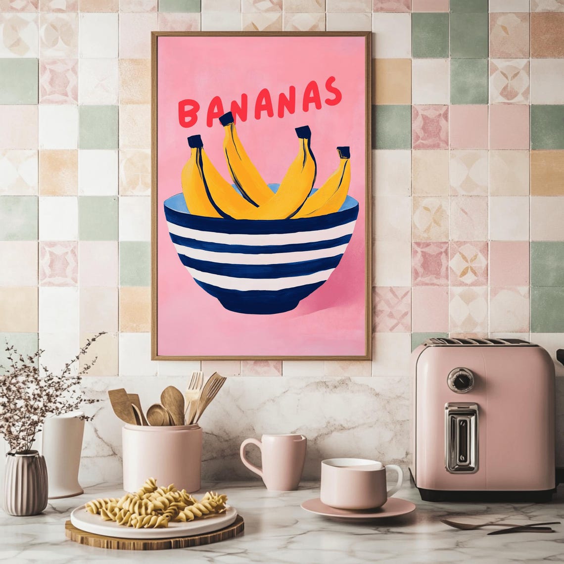 Yellow Bananas in Striped Bowl on Pink Mid Century Kitchen Poster - Image 2