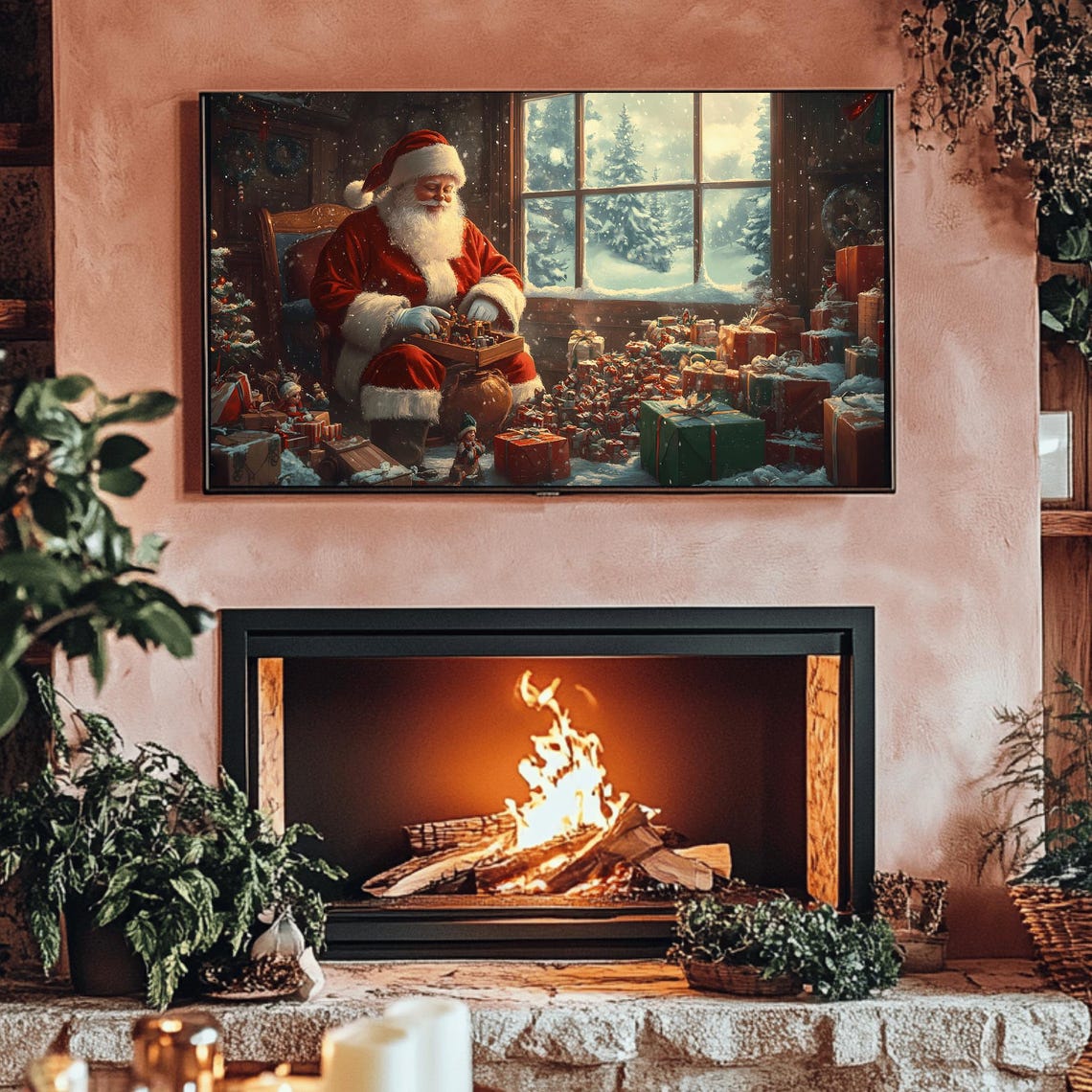 Santa Packing Gifts In Cozy Workshop On Christmas Eve Poster - Image 3