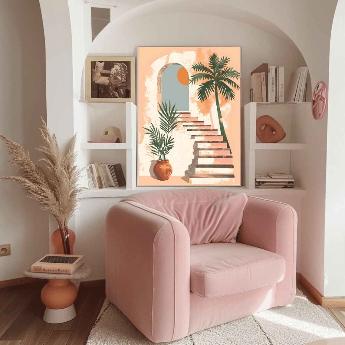 Tropical Palm Archway Staircase Peach Mediterranean Art Poster - Image 3