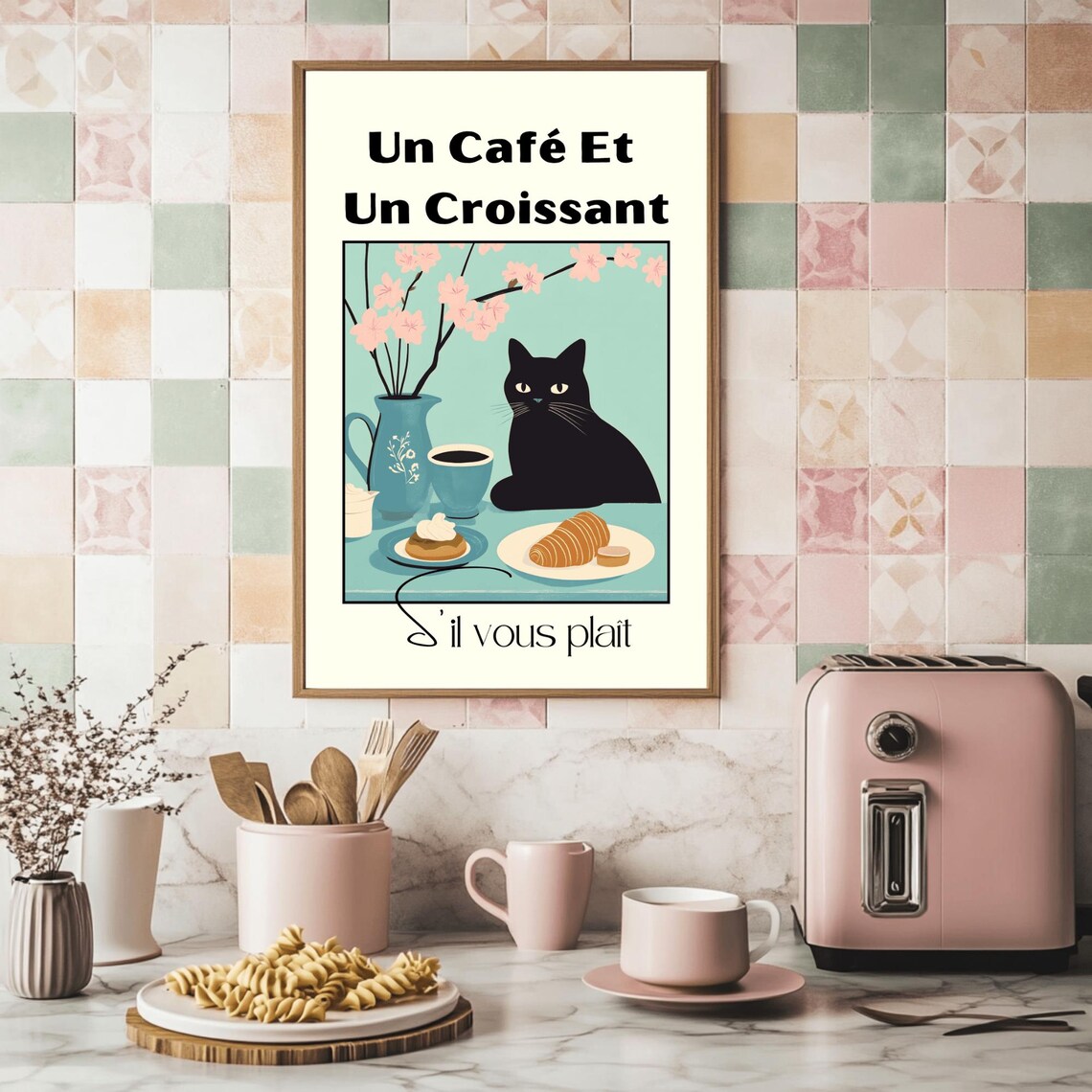 Un Cafe Et Un Croissant Black Cat French Cafe Kitchen Art Poster - Image 2