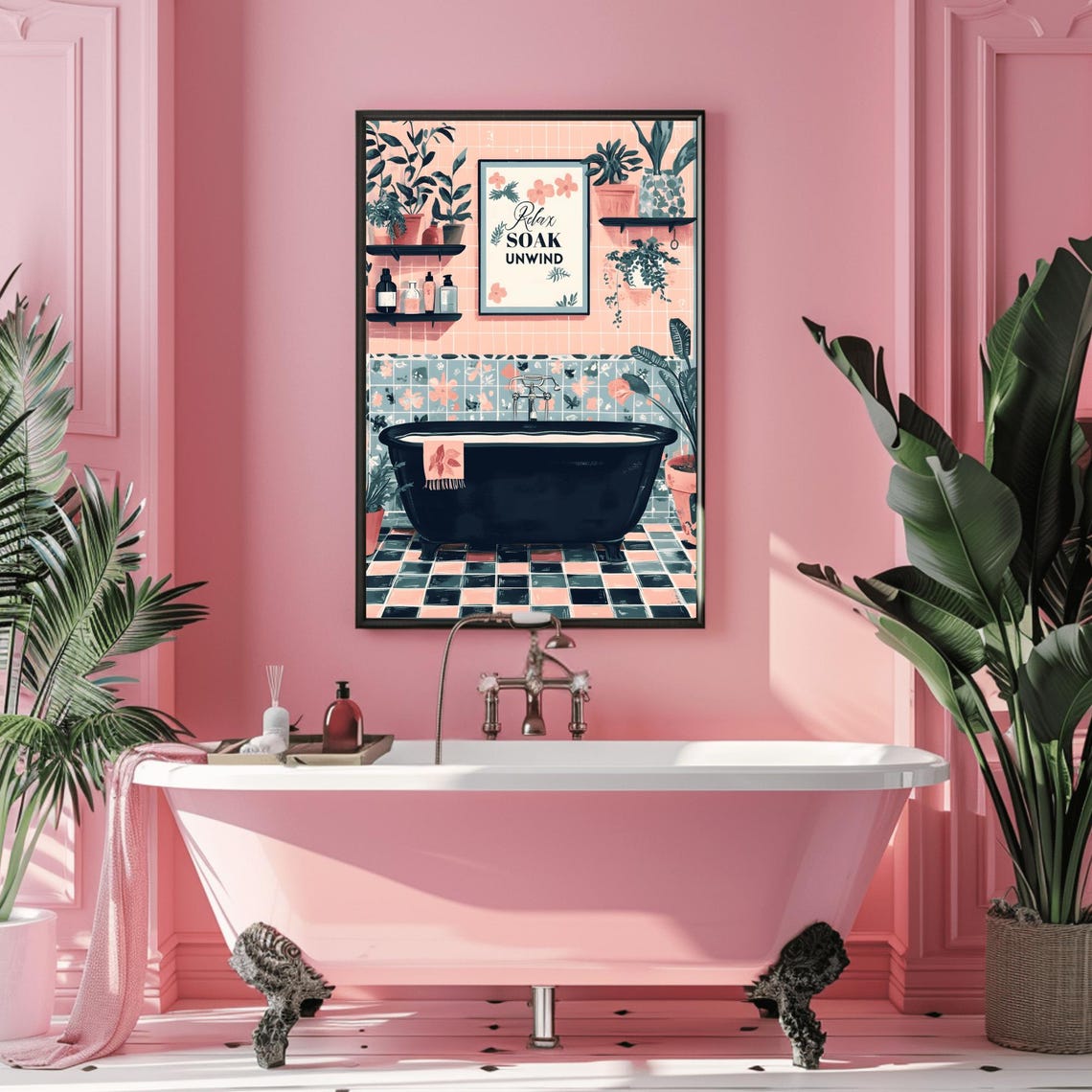 Relax Soak Unwind Pink Tile Bathroom Black Tub Botanical Poster - Image 3