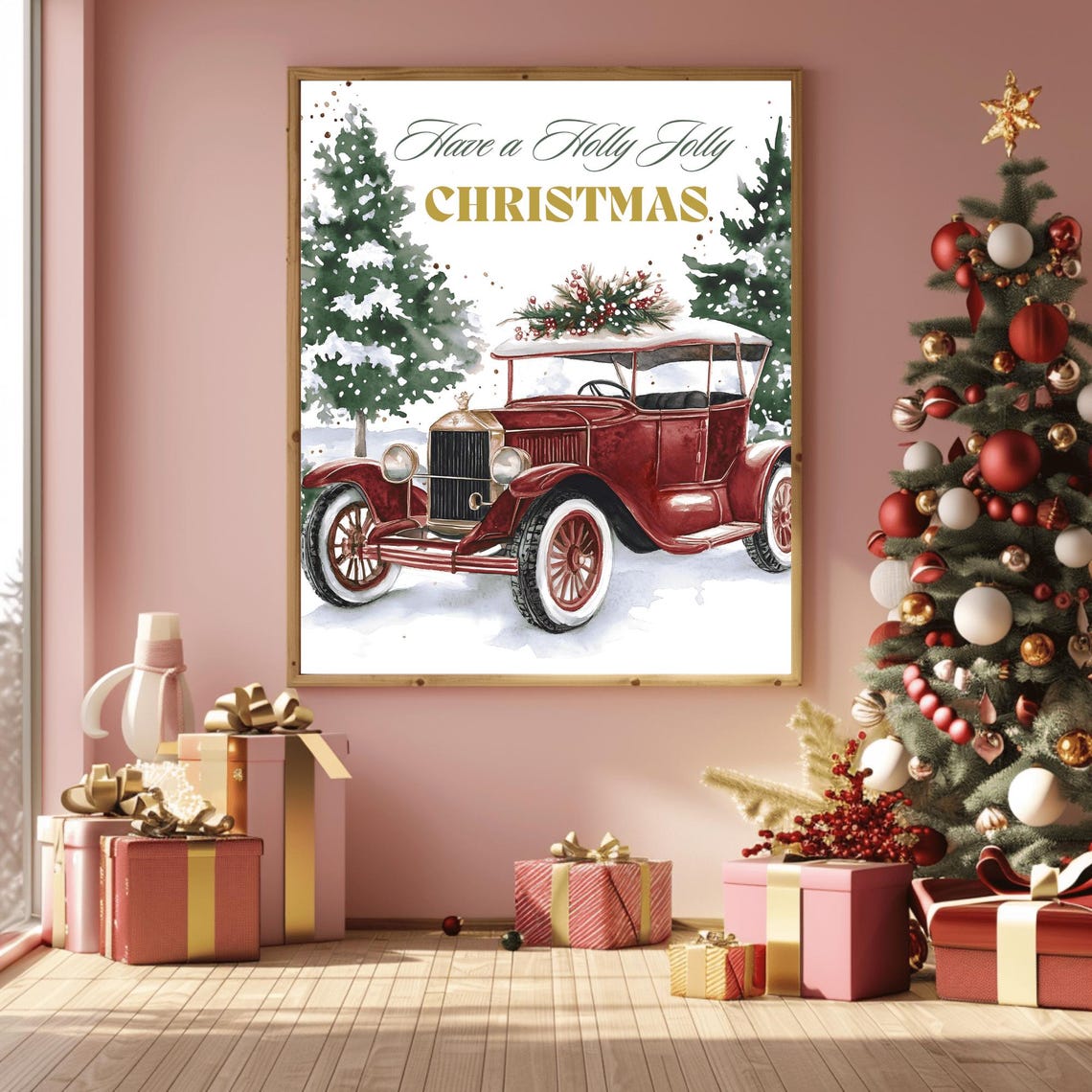Have a Holly Jolly Christmas Snowy Red Vintage Touring Car Poster - Image 3