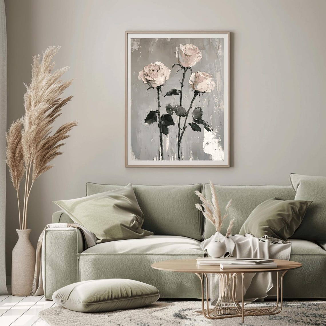 Three Pink Roses on Gray Painterly Modern Botanical Art Poster - Image 2