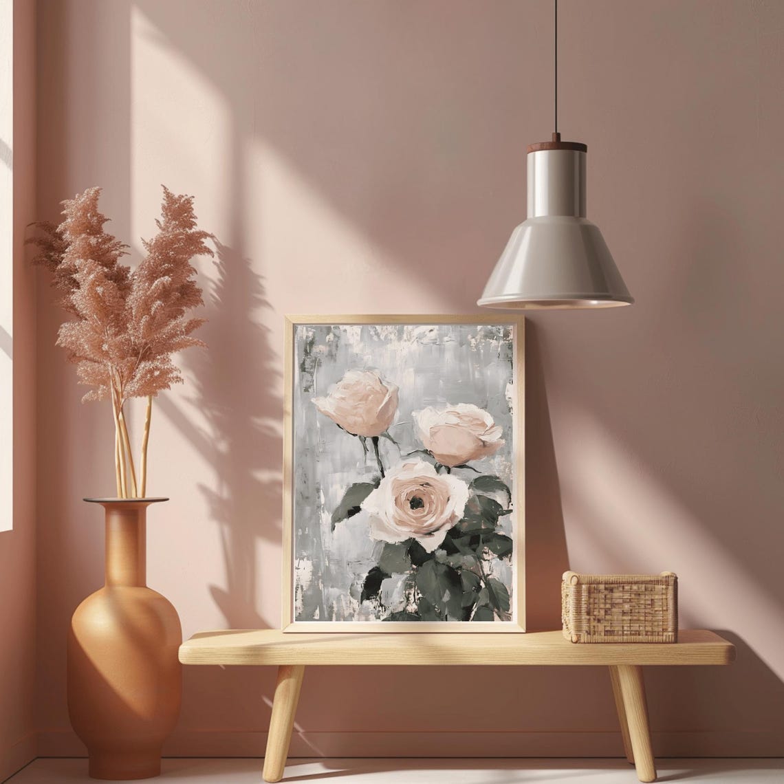 Three Cream Roses on Gray Textured Abstract Floral Art Poster - Image 2