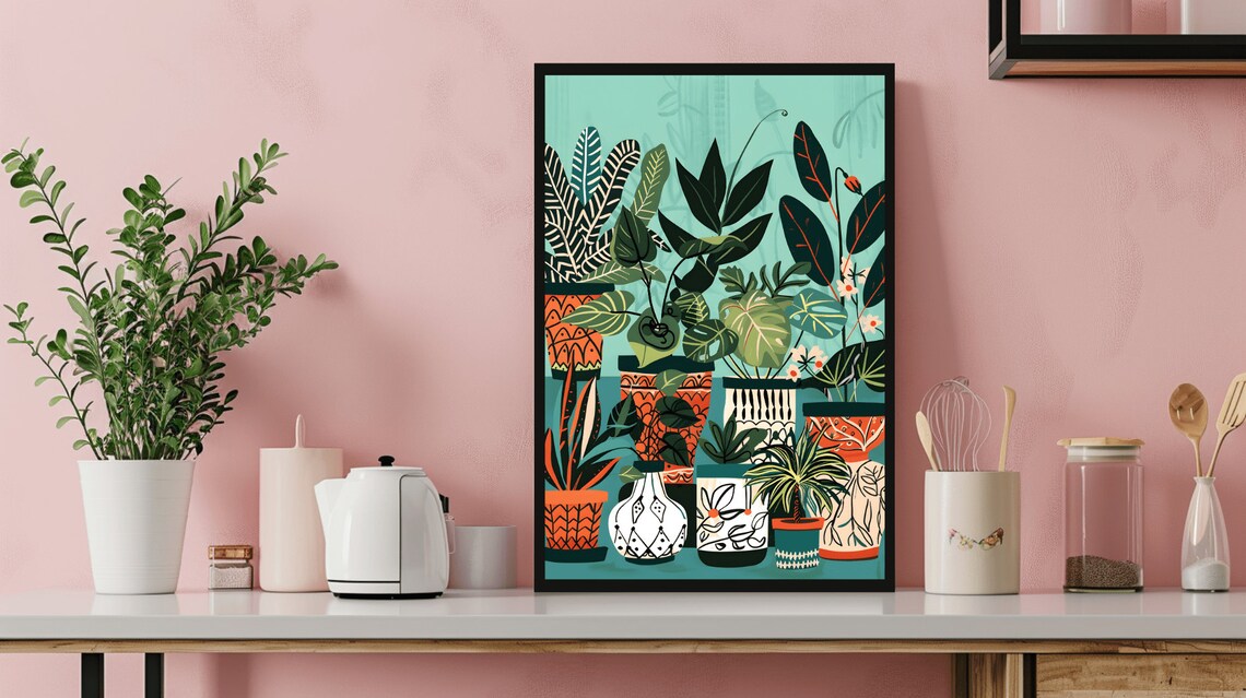 Teal Turquoise Botanical Plant Pots Boho Art Print - Image 2