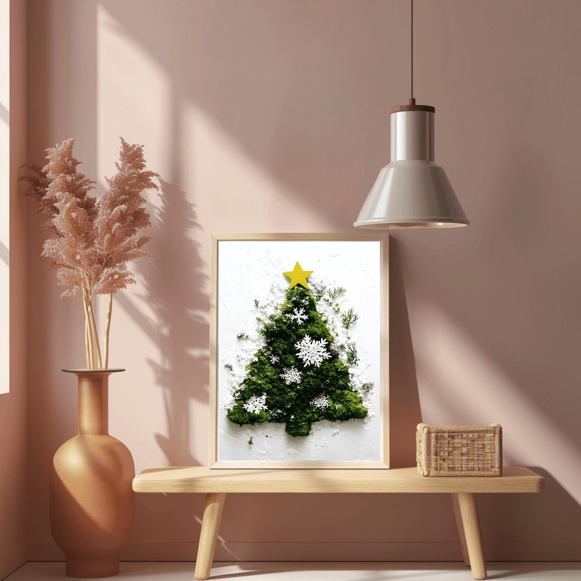 Snow Dusted Moss Christmas Tree Paper Snowflakes Gold Star Poster - Image 2