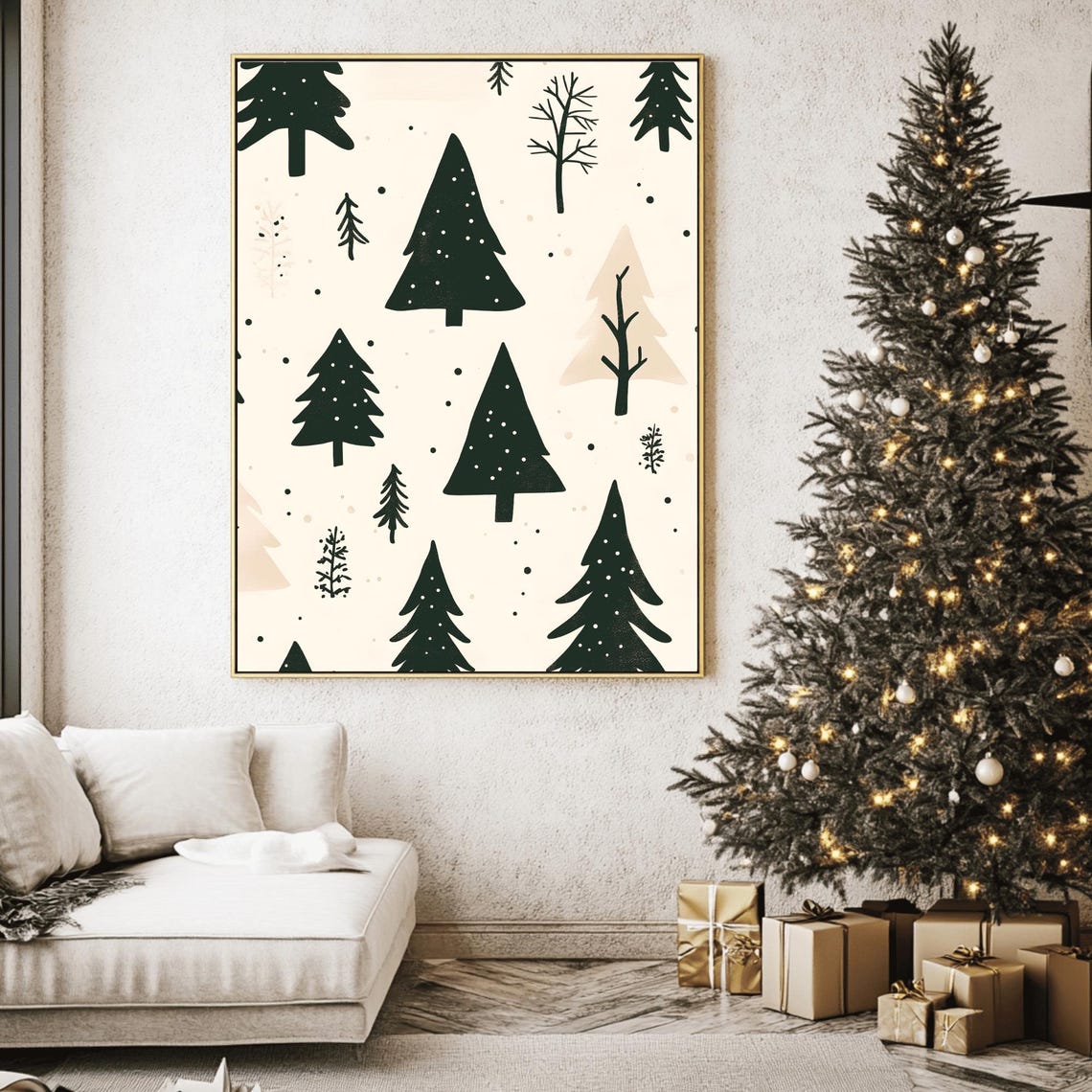 Neutral Pine and Bare Branch Forest Repeat Pattern Scandi Poster - Image 2