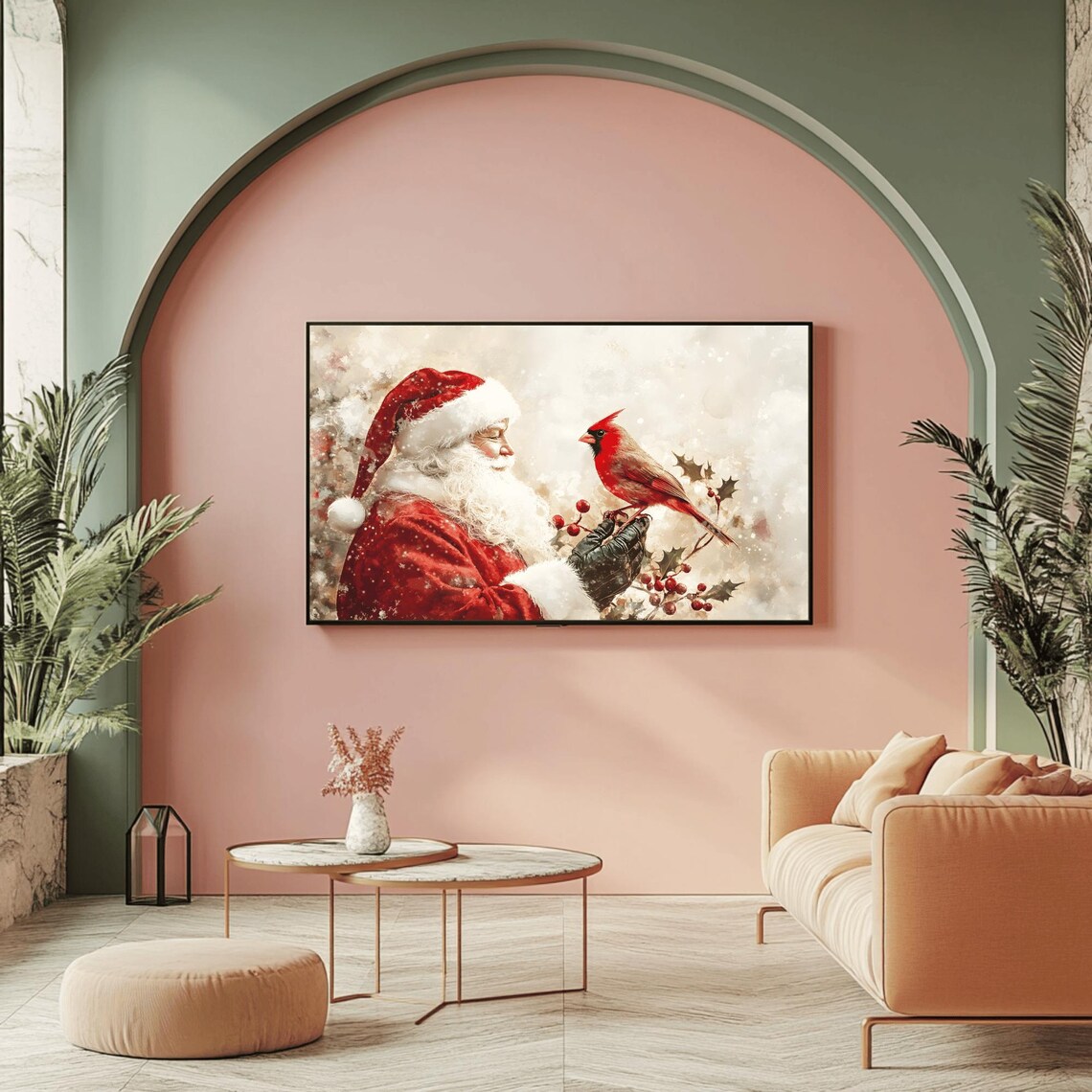 Santa Claus Gazing at Red Cardinal Snowy Watercolor Scene Poster - Image 2