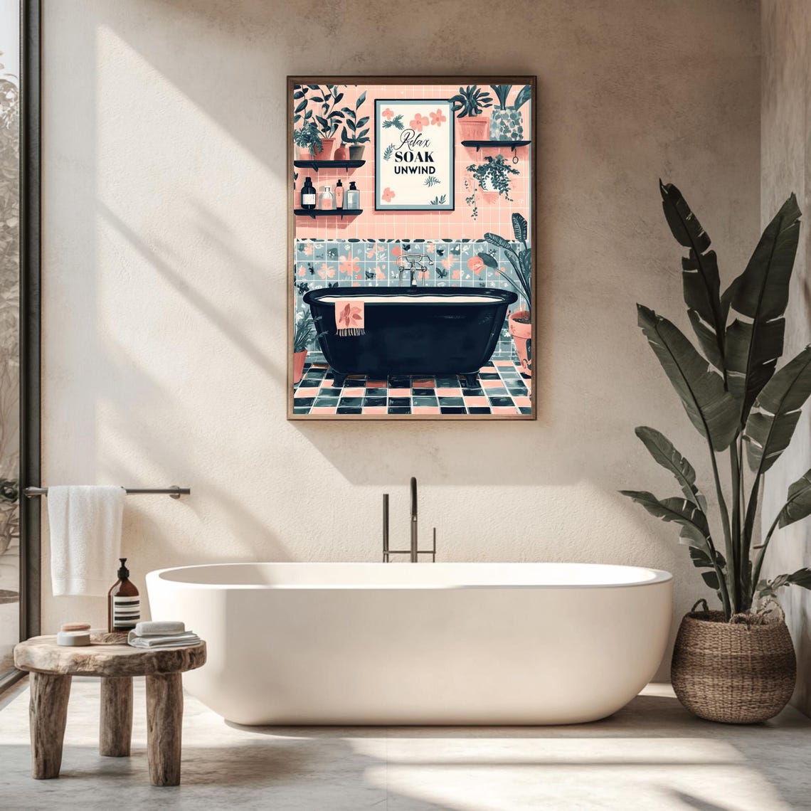 Relax Soak Unwind Pink Tile Bathroom Black Tub Botanical Poster - Image 2