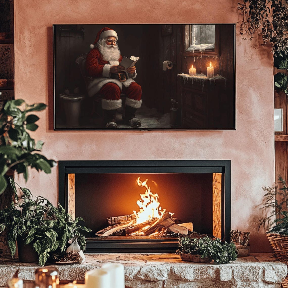 Santa Reading Letters In Rustic Snowy Cabin Bathroom Scene Poster - Image 3