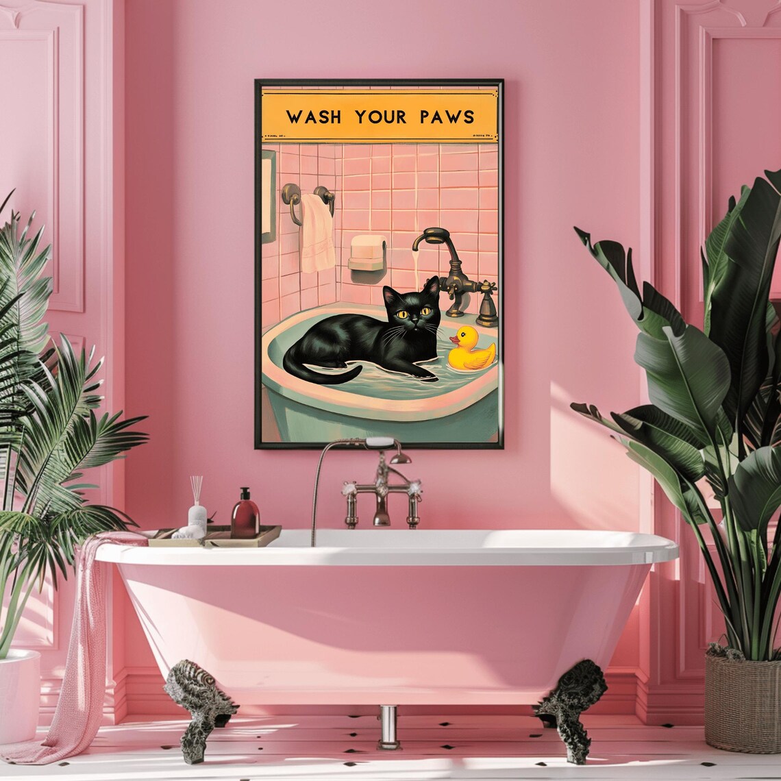 Wash Your Paws Black Cat in Vintage Sink Rubber Duck Funny Poster - Image 3