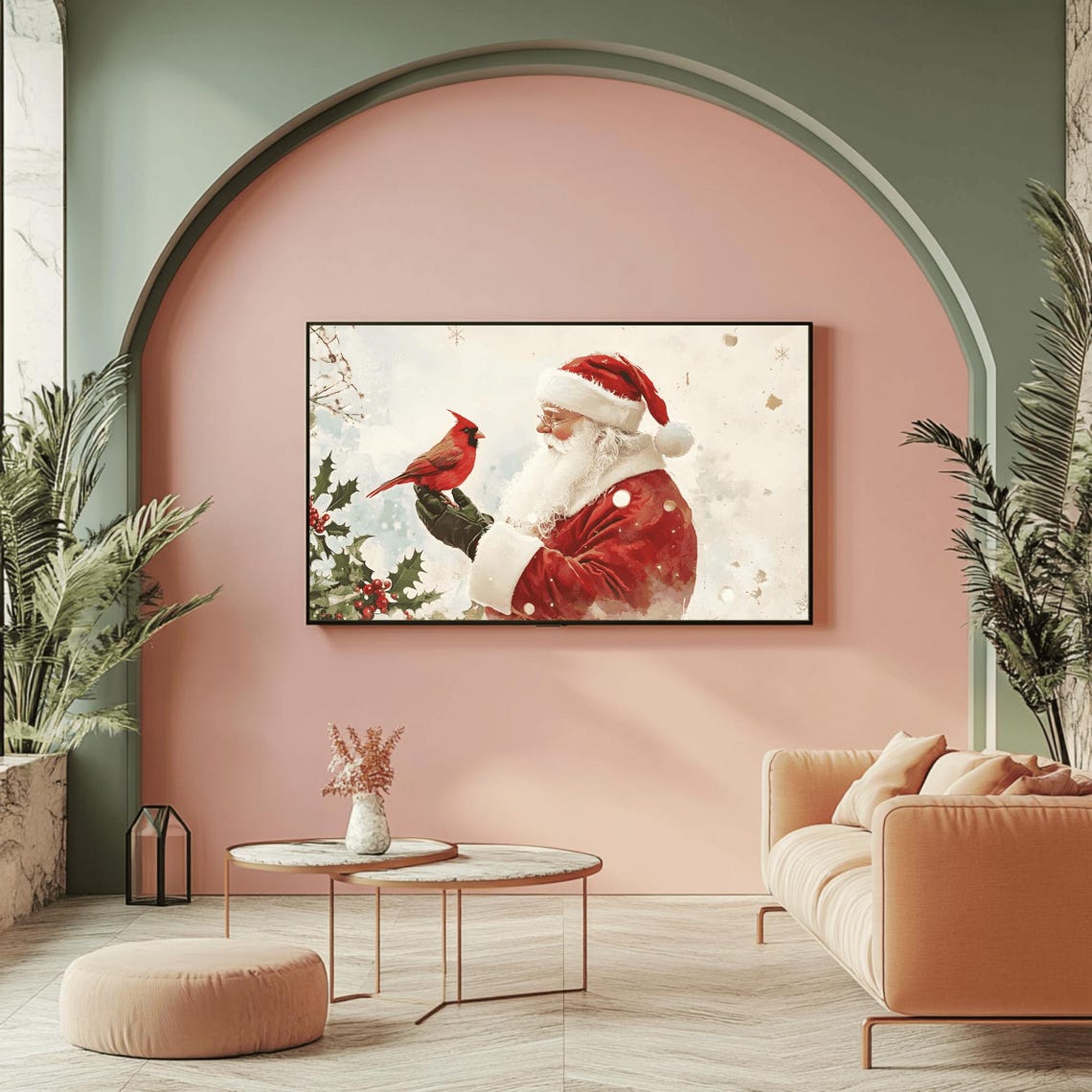 Santa Claus with Cardinal in Falling Snow Holly Sprigs Poster - Image 2