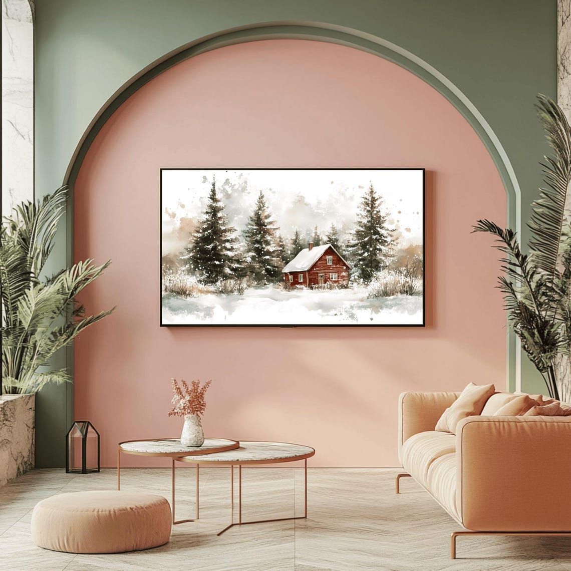Red Cabin Nestled In A Snowy Evergreen Forest Deep Winter Poster - Image 2